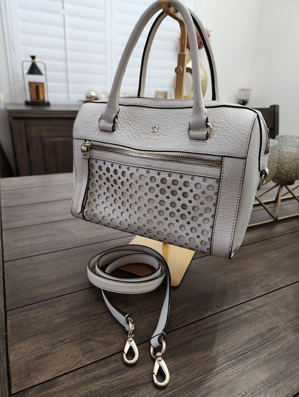 Kate Spade Perforated Pebbled  Leather Satchel & Crossbody Off White